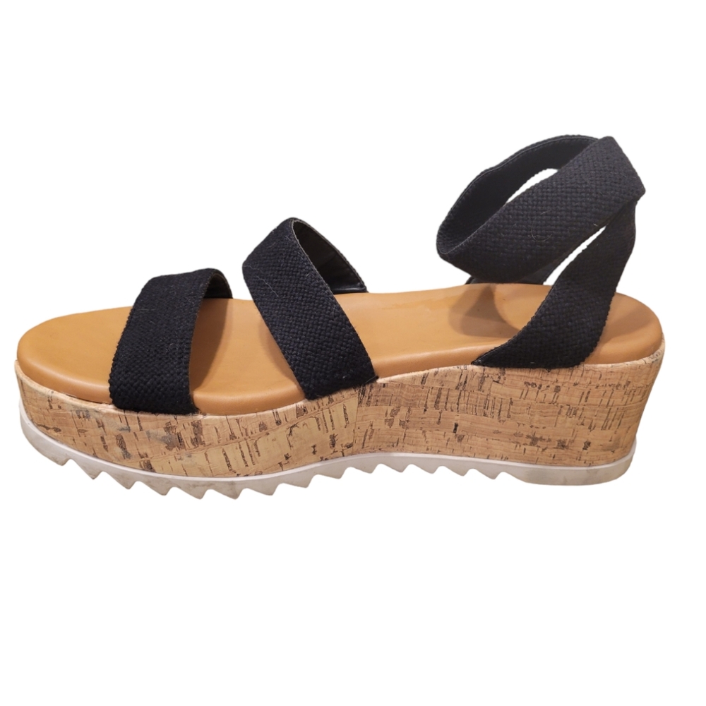 R2 Cork platform Wedge Sandal Black Tan Women's Size 9.5